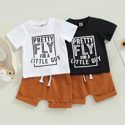 Vista 16 de Conjunto de traje de verano para bebé niño pequeño, manga corta, cuello redondo, letras impresas, lindo traje de verano, conjunto de 2 piezas