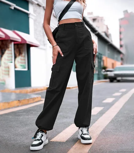 Vista 2 de Zmpsiisa Pantalones cargo de cintura alta, para mujer, pantalones informales de pierna ancha, 6 bolsillos, pantalones militares de combate