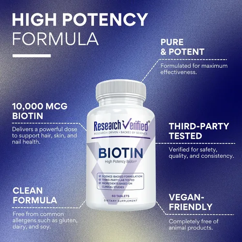 Vista 3 de Research Verified Biotina - Biotina pura extra fuerte 10000mcg - Vitamina para la piel y las uñas - Probado por terceros, fabricado en Estados
