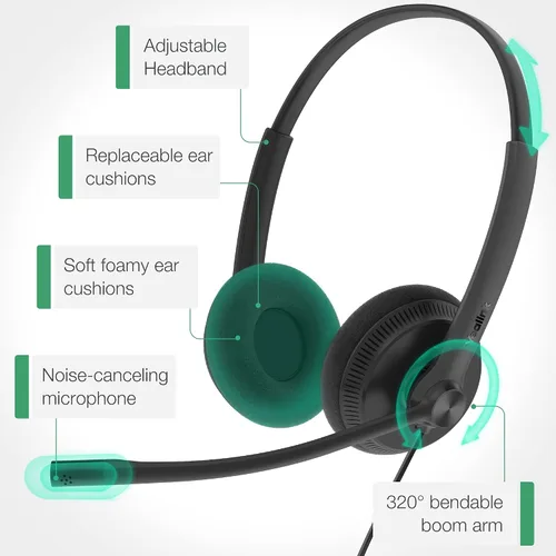Vista 6 de Yealink Auriculares USB UH34 con micrófono, auriculares estéreo con cable con micrófono de cancelación de ruido, auriculares profesionales