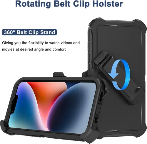 Vista 2 de Funda para iPhone 14 Plus (6.7 pulgadas) con funda de clip para cinturón, 2 protectores de pantalla, resistente grado militar, cuerpo completo, a