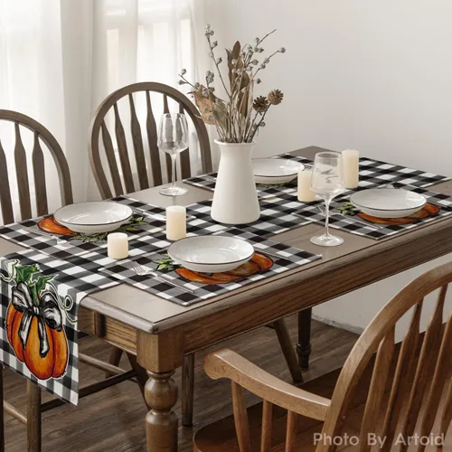 Vista 6 de Artoid Mode Juego de 4 manteles individuales de otoño con diseño de calabaza a cuadros de búfalo de 12 x 18 pulgadas para decoración de fiestas