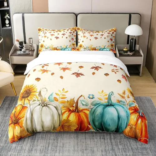 Vista 11 de Juego de funda de edredón de calabaza de otoño 100 % algodón, juego de ropa de cama de cosecha de Acción de Gracias para niños, niñas, adolescentes