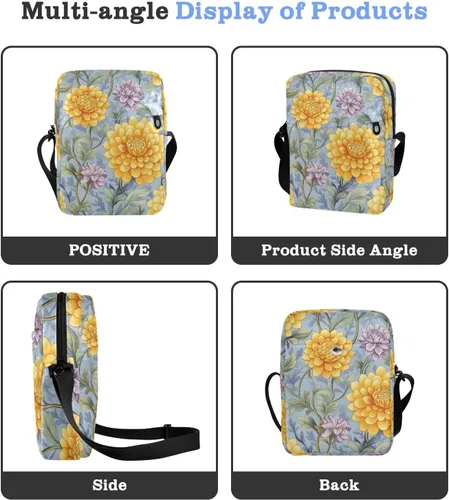 Vista 4 de Vintage Dahlia Flower Yellow Purple messenger bag cute green crossbody bags for women Casual Purse Lady Shoulder Handbags Adjustable Strap for