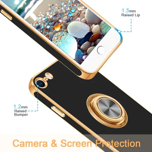 Vista 2 de Fingic Funda para iPhone SE 2022, iPhone SE 2020 [con soporte de anillo de 360°] [soporte magnético giratorio] [chapado en oro brillante] Funda