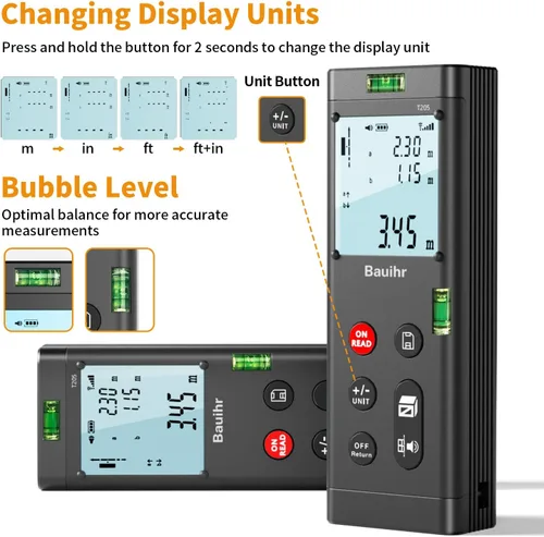 Vista 5 de Bilateral Laser Measurement Tool, Bauihr 393ft/120M Rechargeable Aluminum Dual Laser Distance Meter
