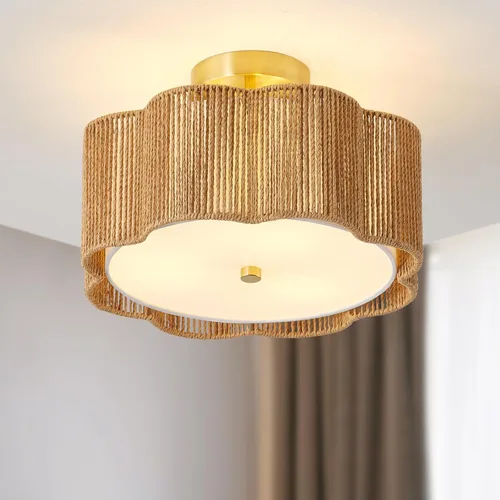 Vista 8 de Lámparas bohemias de 13.6 pulgadas de montaje empotrado, 3 luces de ratán para techo, montaje empotrado dorado para dormitorio, en forma de flor