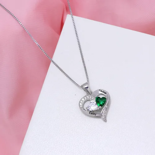 Vista 4 de Collar de corazón personalizado con 2 piedras natales, 2 nombres, colgante con nombre personalizado para madre hija, regalos del día de la madre