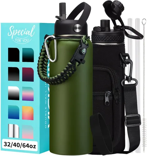 Vista 29 de Botellas de agua de 32 onzas aisladas con pajita y tapa para beber de un sorbo, asa de paracord, bolsa de transporte con correa, termo de triple