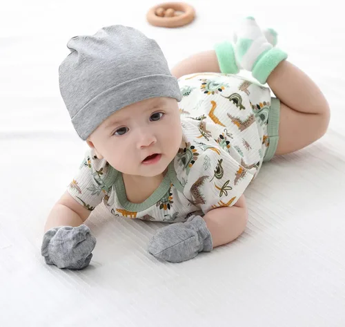 Vista 4 de Conjunto de gorro y manoplas para bebé recién nacido, gorras para bebés, niños y niñas de 0 a 6 meses, 100% algodón