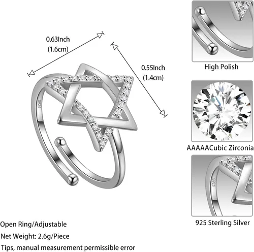 Vista 44 de Jewmon Anillo de plata de ley con estrella de David para mujer – Anillo ajustable Magen David – Amuleto Wicca – Regalos judíos