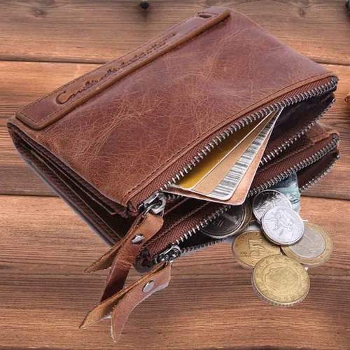 Vista 8 de Cartera corta de cuero para hombre monedero cartera de cuero con doble cremallera funda de identificación