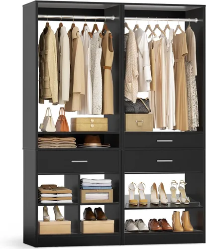 Vista 18 de Unikito Organizador de armario de 25 pulgadas de ancho x 80 pulgadas de alto, con barra para colgar y 2 cajones de madera, zapatero ajustable