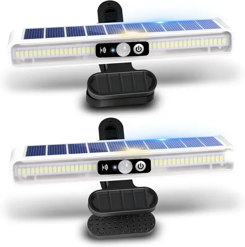 Vista 11 de Luces solares de movimiento con clip para exteriores, impermeables, paquete de 2 luces con sensor de movimiento para exteriores con 36 LED, 3000 K