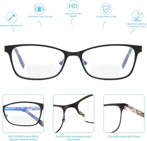 Vista 4 de Gafas de lectura bifocales para mujer, bloqueo de luz azul con parte superior transparente, lector de computadora, marco de metal ancho, elegantes