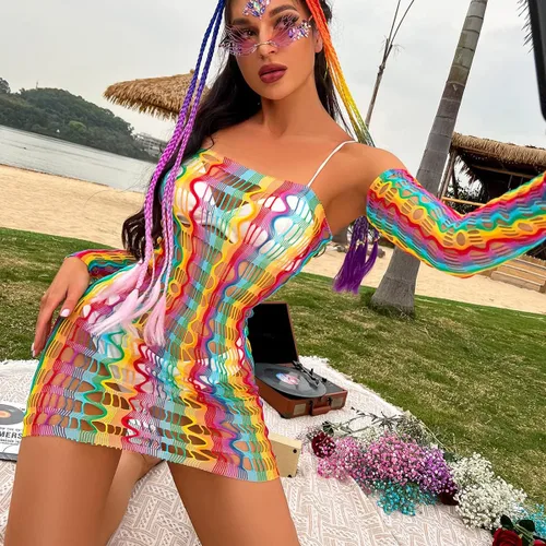 Vista 2 de Sexy vestido de red de arco iris para mujer, traje de baño elástico para mujer, body de malla transparente, ropa de dormir