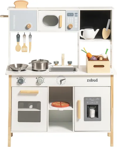Vista 8 de ROBUD Cocina de juguete para niños – Cocina de juguete de madera con caja de plantación, juego de cocina Montessori con máquina de hielo y horno