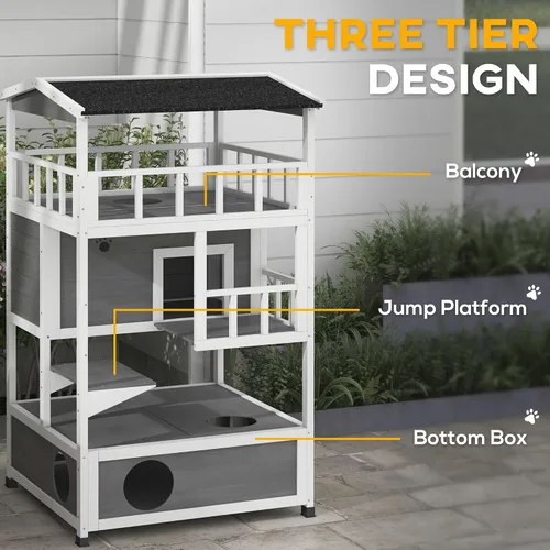 Vista 4 de Robust Multi-Story Cat Condo Featuring Asphalt Roof, Escape Doors, Jumping Platform, Durable Material, Light Gray Exterior