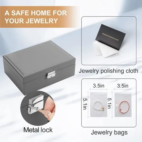 Vista 5 de Joyero para mujeres y niñas, 2 capas de cuero, organizador de joyas de viaje, estuche de almacenamiento con cerradura y bandeja extraíble