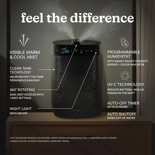 Vista 3 de Homedics Humidificador ultrasónico de lujo para habitaciones grandes, niebla cálida o fría, tecnología UV-C, tanque de llenado superior de 1.5