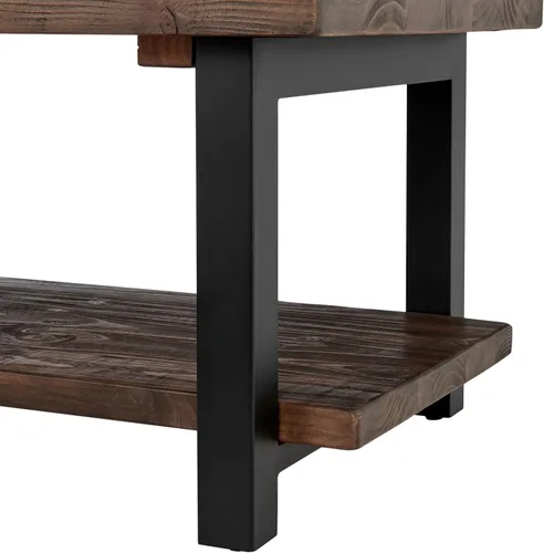 Vista 11 de Pomona - Mesa auxiliar rectangular de madera maciza de 42 pulgadas con estante de almacenamiento y patas de metal, mesa rústica industrial para sala