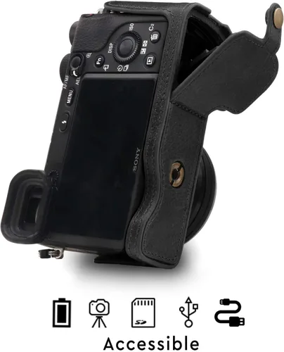 Vista 5 de MegaGear MG1641 Ever Ready - Media funda de cuero genuino para cámara compatible con Sony Alpha A6100, A6400 - Negro