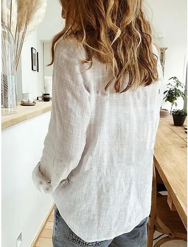 Vista 3 de Janepam Camisa de algodón y lino para mujer, manga larga, lisagráfica, mariposa, mapa de estrellas, rosa, pájaro, blusa suelta con botones