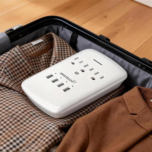 Vista 4 de Oviitech Adaptador de Montaje en Pared Multi Toma de Corriente con Protector Contra Picos de Corriente y 4 (4.2 AMP) Puertos USB de Carga, 3 Tomas