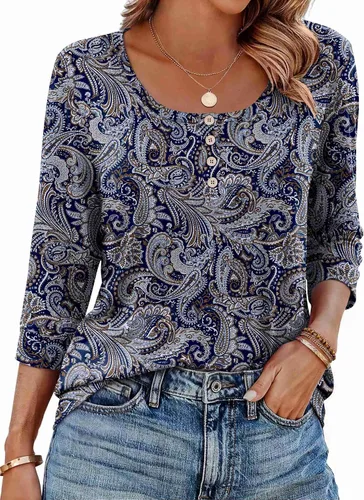 Vista 14 de Ekouaer Blusas de manga 3/4 para mujer, blusas casuales elegantes para Marrón Bohemian-mz721