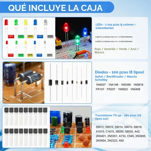 Vista 3 de Kit de 1530 piezas de componentes electrónicos – Set de inicio para laboratorio electrónico 830-Tie Breadboard, resistencias de película metálica