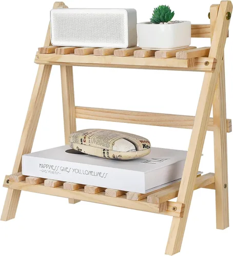 Vista 8 de Jotsport Soporte de mesa de 2 niveles para plantas, estilo escalón, organizador de almacenamiento de escritorio, estante de exhibición de madera