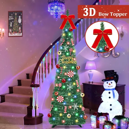 Vista 6 de [Temporizador] Árbol de Navidad desplegable de 6 pies, árbol de Navidad plegable verde con 50 luces coloridas, 16 caramelos, 10 bolas, 4 copos