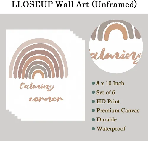 Vista 2 de LLOSEUP Juego de 6 impresiones artísticas de pared para guardería, arte bohemio de arco iris, sin marco, decoración de pared inspiradora, alfabetos