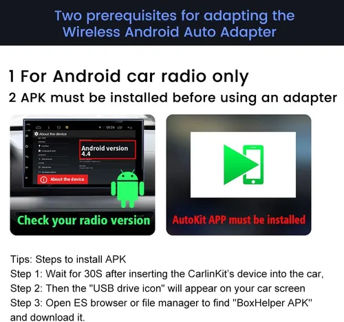 Vista 5 de Carlinkit Adaptador USB inalámbrico CarPlay solo compatible con radios de coche Android. solo para la versión de Android 4.4.2 o superior. APK debe
