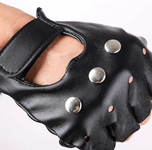 Vista 5 de JISEN Guantes de cuero PU para hombre, guantes steampunk góticos de medio dedo con gancho
