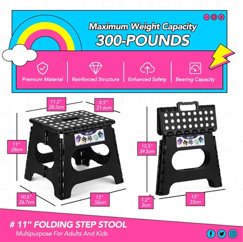Vista 3 de Delxo Taburete plegable de 11 pulgadas, paquete de 2, taburetes plegables antideslizantes negros para niños y adultos de hasta 300 libras, taburete