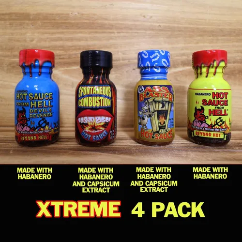 Vista 2 de Xtreme Heat - Juego de botellas de salsa picante gourmet, tamaño de viaje, paquete de 4, prueba si te atreves, regalos de Navidad gourmet perfectos