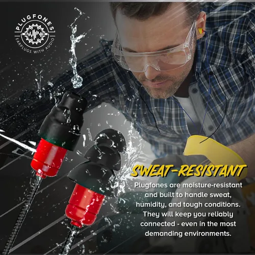 Vista 8 de Plugfones Protector Volume Limited Audio Earbuds, tapones para los oídos compatibles con OSHA con sonido, negro y rojo