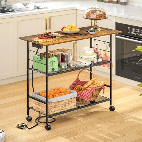Vista 9 de Isla de cocina con 3 estantes, carrito de cocina rodante con 6 ganchos y estante protector, soporte de microondas con ruedas bloqueables, estante