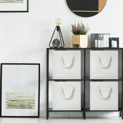 Vista 6 de Contenedores plegables de almacenamiento de tela de bambú beige y blanco, organizador resistente con asa de cuerda de algodón para oficina en casa