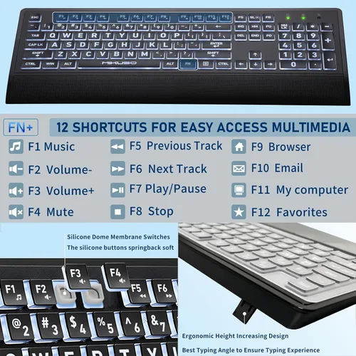 Vista 4 de Teclado retroiluminado de impresión grande, USB con cable