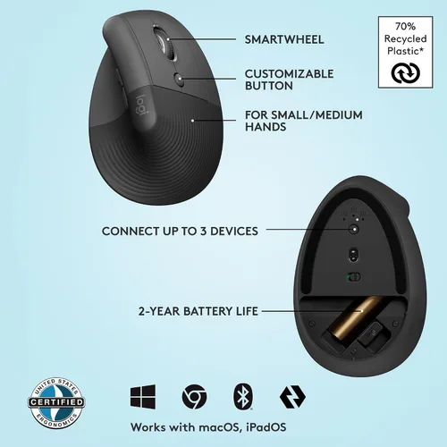 Vista 6 de Logitech Lift - Mouse ergonómico vertical, inalámbrico, Bluetooth o Logi Bolt receptor USB, clics silenciosos, 4 botones, compatible con Grafito
