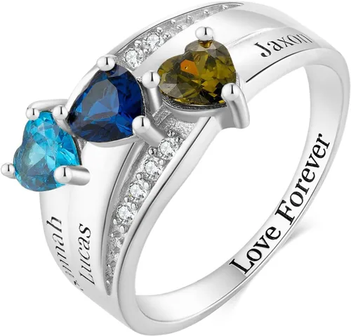 Vista 3 de Anillos de piedra natal personalizados para madre, oro real de 10 quilates, 14 quilates, 18 quilates, con nombre personalizado con piedra natal de 2