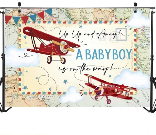 Vista 3 de Mocsicka Telón de fondo rojo de avión para baby shower, mapa de aventura de avión vintage, un bebé niño está en camino, fondo de fiesta de baby