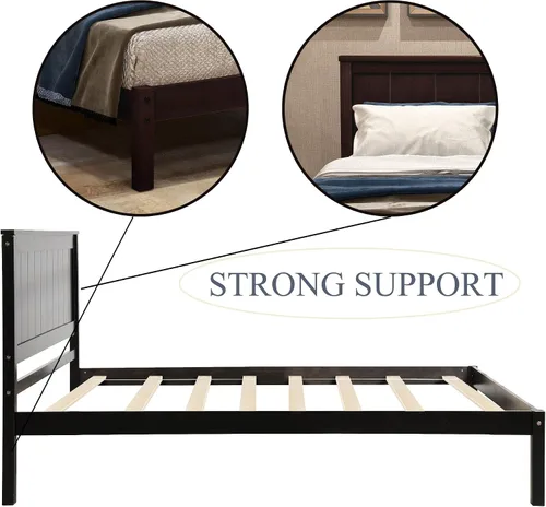 Vista 4 de Marco de cama de tamaño individual con cabecero, marco de cama de plataforma de madera, estilo rústico moderno, resistente, soporte de listones