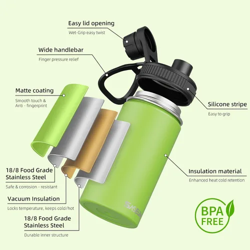Vista 3 de SASEUM Botella de agua de acero inoxidable de 12 onzas, botella aislada sin BPA con tapa de boquilla a prueba de fugas, botella de metal de boca