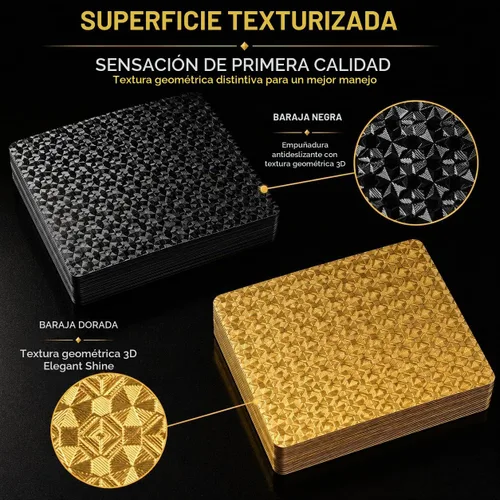 Vista 4 de 10 Paquetes de Cartas de Juego - 5 Negras 5 Doradas HD, 54 Cartas de Póquer Estándar de Plástico Impermeable para Fiestas Familiares Negro y dorado