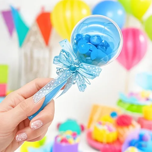 Vista 3 de 48 piezas rellenables de sonajero para bebé, color azul con oso decorativo y cinta