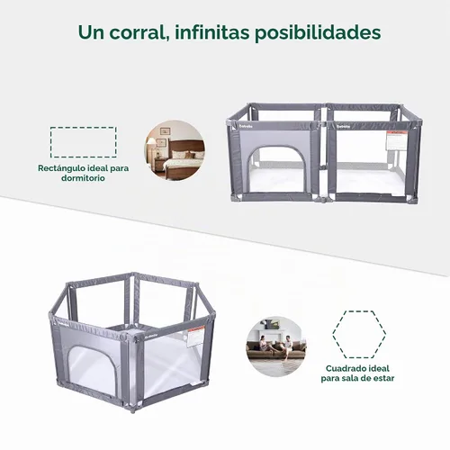 Vista 3 de Babelio Corralito Montable en Pared, Corralito Plegable para Bebés y Niños Pequeños - Forma y Área Ajustables, Corralito de 62 * 31" con Puerta