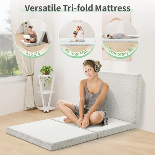 Vista 3 de MUUEGM Colchón plegable, colchón triple de espuma viscoelástica de 6 pulgadas, colchón plegable con funda extraíble, cubrecolchón triple